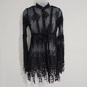 BOSTON PROPER BLACK FLORAL LACE TUNIC TOP Sz XXS Whimsigoth Button Up Sheer Mesh